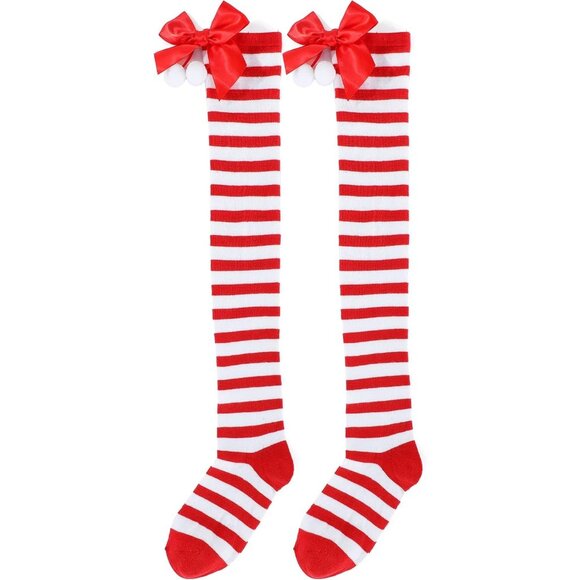 Womens Knee High Socks Long White Red Striped&red Ball - Picture 4 of 4
